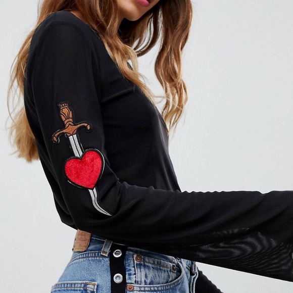 Dolls Kill Tops - Mesh top with heart sword patches